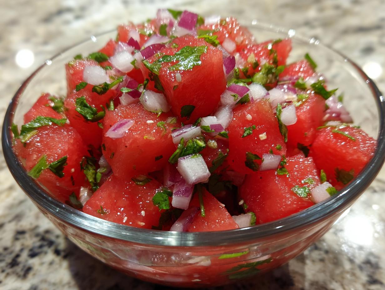 Close-up of a bowl filled with fresh watermelon salsa, featuring diced watermelon, red onion, and cilantro.