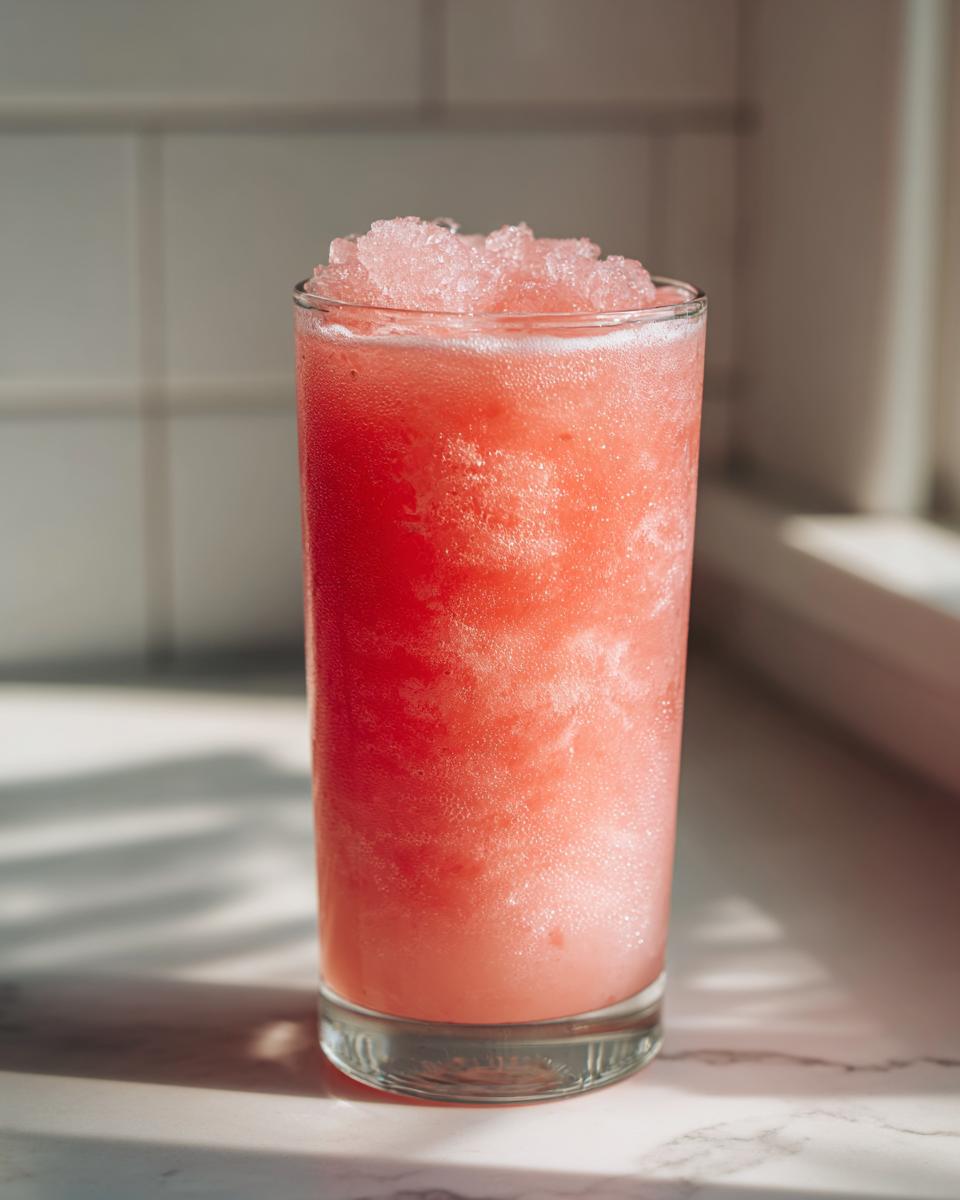 A tall glass filled with a vibrant pink watermelon slushy, topped with crushed ice.