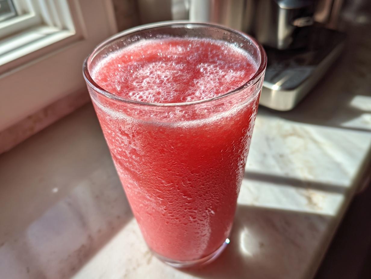 A tall glass filled with a vibrant pink watermelon slushy, topped with foam and condensation.