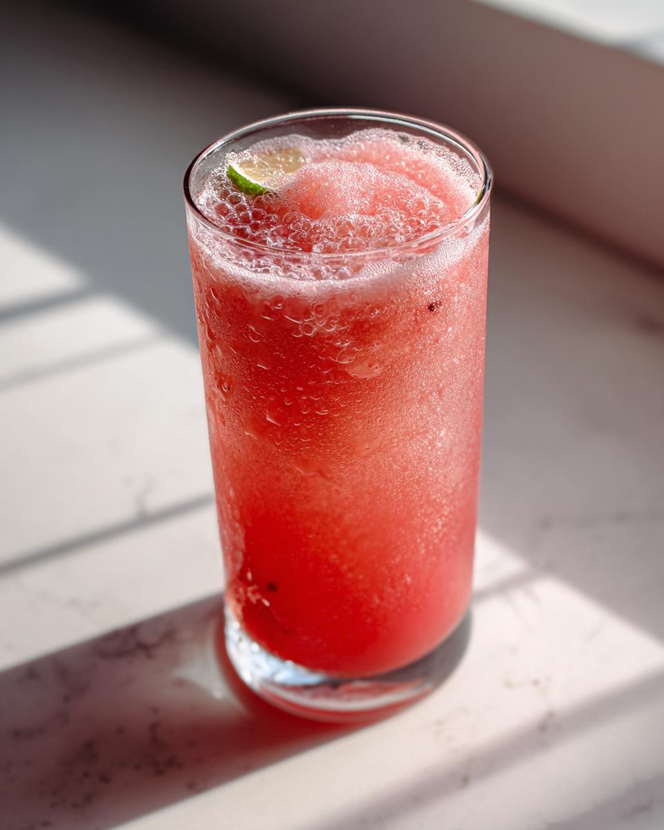 A tall glass filled with a vibrant pink watermelon slushy, topped with foam and a lime wedge.