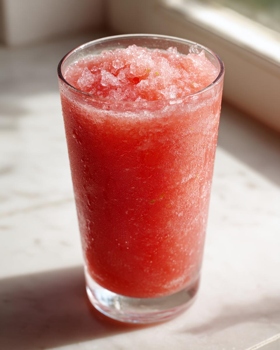 Close-up of a tall glass filled with a vibrant pink, icy watermelon slushy.