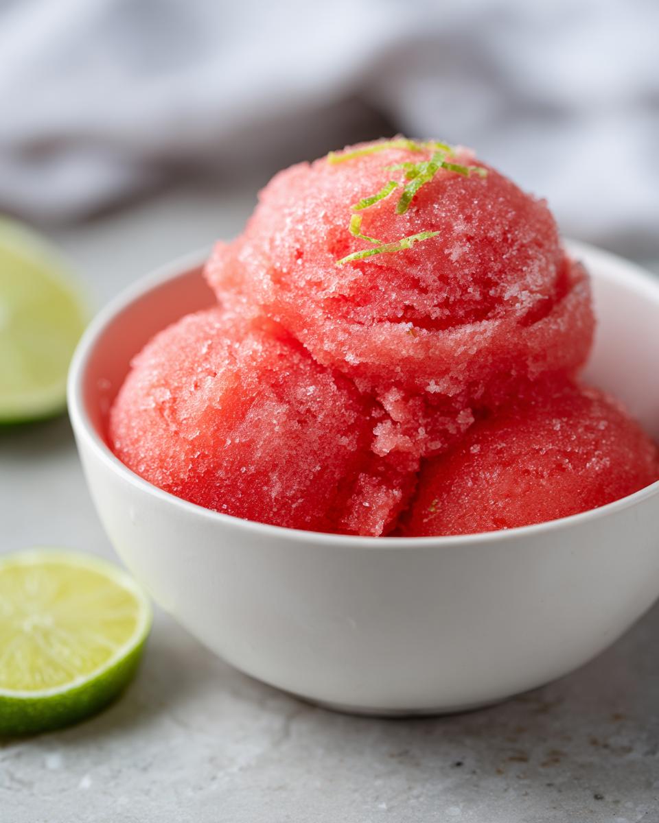Three scoops of vibrant pink watermelon sorbet in a white bowl, garnished with lime zest. Part of a watermelon recipe.