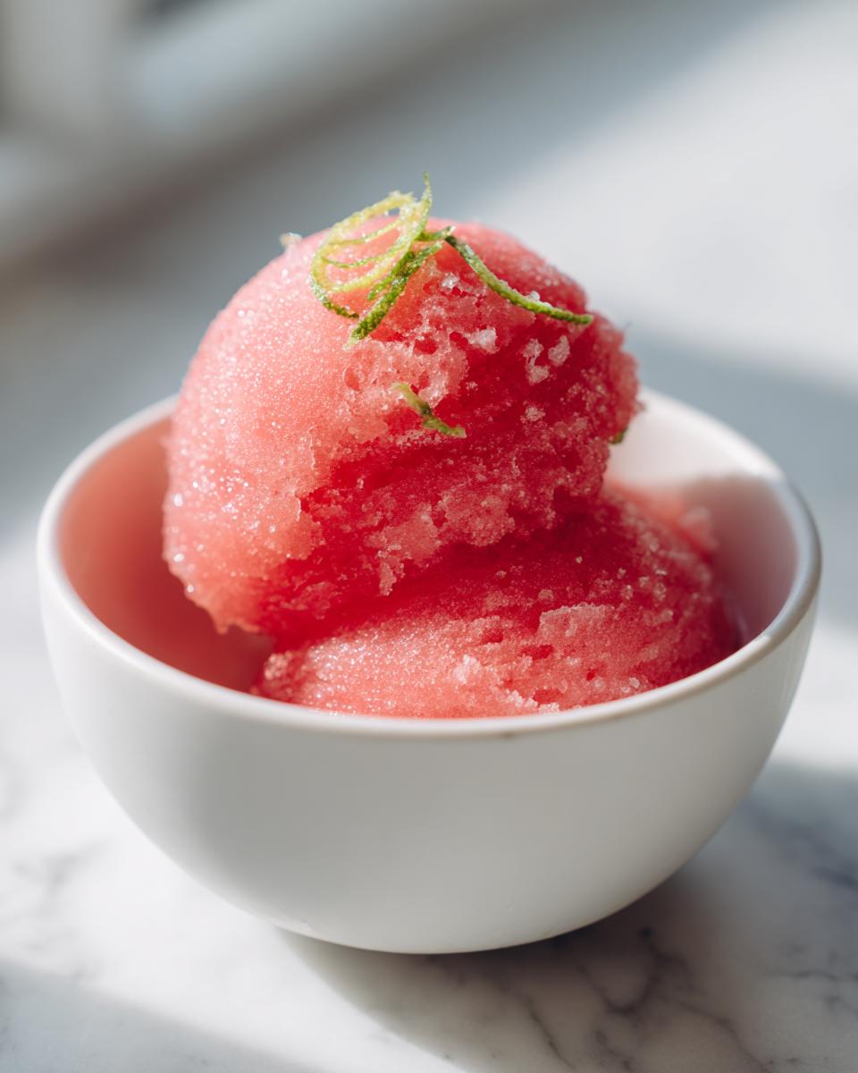 Two scoops of vibrant pink watermelon sorbet in a white bowl, garnished with lime zest.