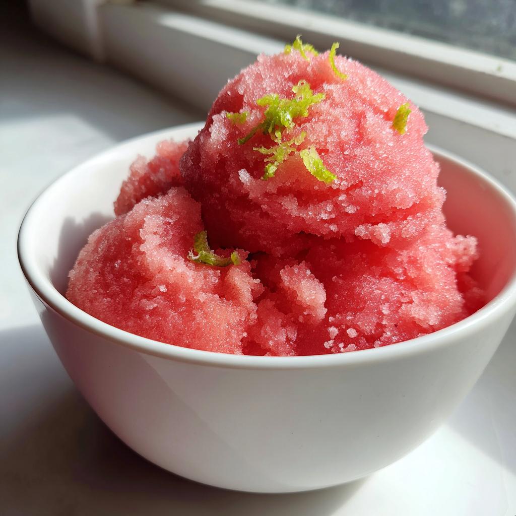 A white bowl filled with vibrant pink watermelon sorbet, topped with fresh lime zest.