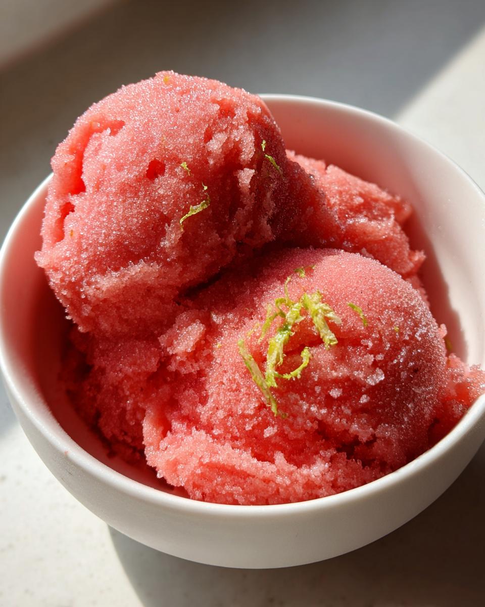 Two scoops of vibrant pink watermelon sorbet in a white bowl, garnished with lime zest.