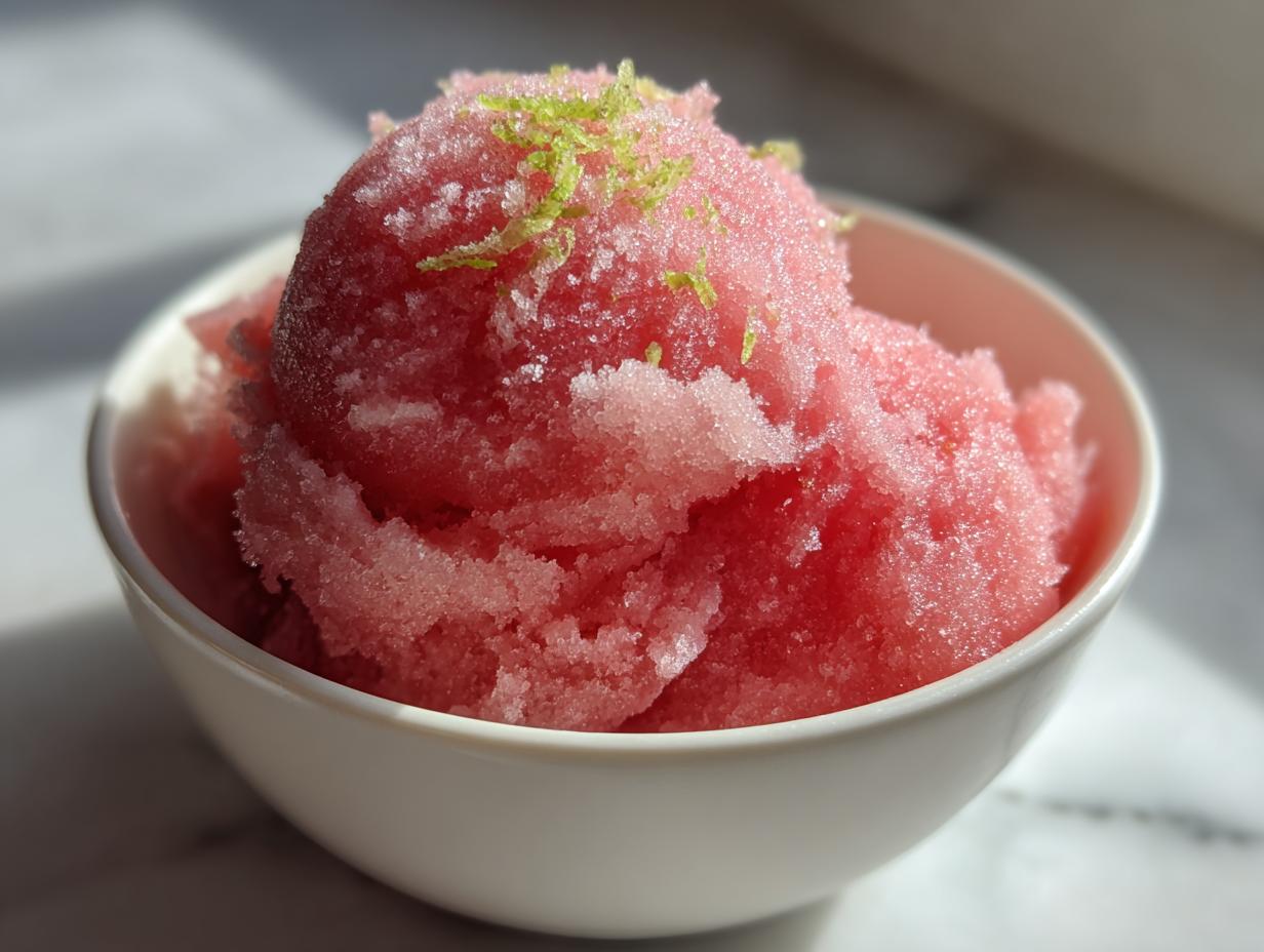 A bowl of vibrant pink watermelon sorbet, topped with fresh lime zest. Perfect for watermelon recipes.