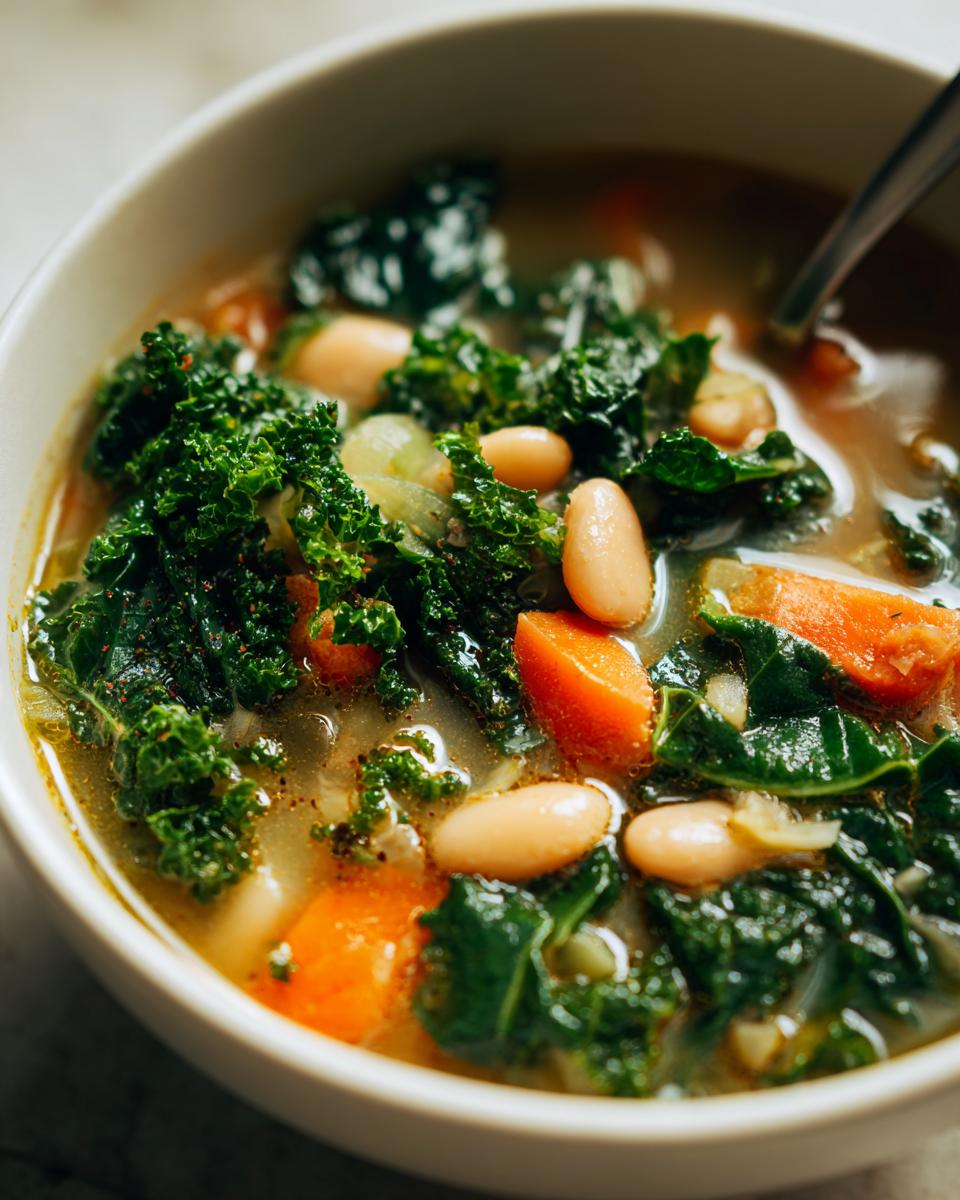 Close-up of a bowl of hearty white bean kale soup with chunks of carrot and celery.