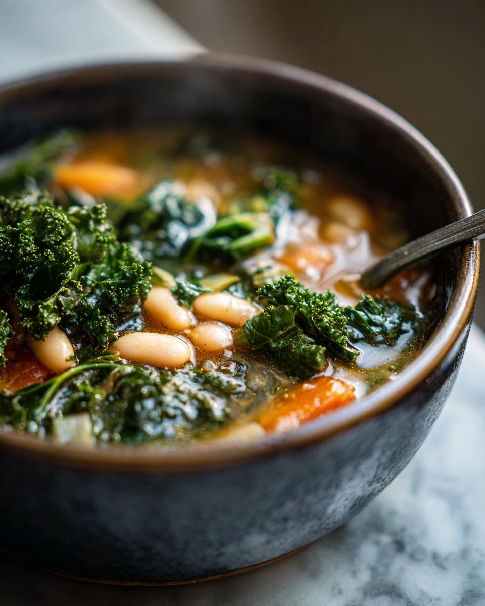 A steaming bowl of white bean kale soup, featuring tender kale, white beans, and carrots in a savory broth.