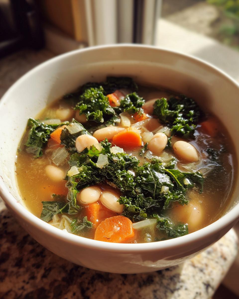 A close-up of a white bowl filled with hearty white bean kale soup, featuring white beans, kale, and carrots in broth.