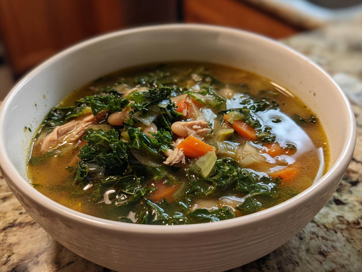 A close-up of a bowl of white bean kale soup, featuring tender kale, white beans, carrots, and shredded chicken in a savory broth.