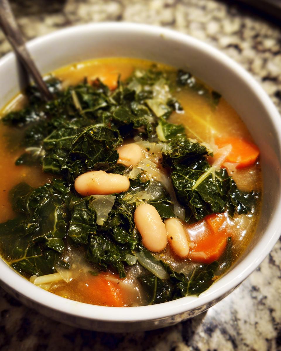 A close-up of a hearty white bean kale soup with visible chunks of carrots and onions in a white bowl.