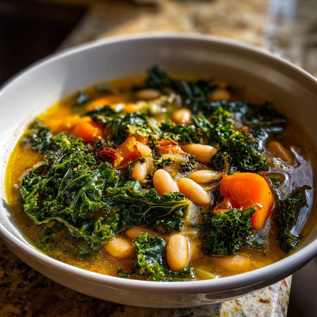 A close-up of a bowl of white bean kale soup, featuring tender kale, creamy white beans, and chunks of carrot in a flavorful broth.
