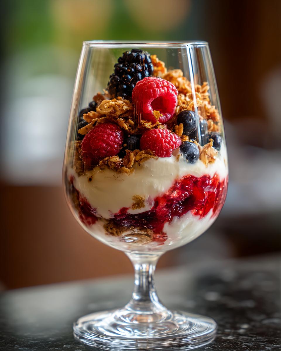 A layered yogurt parfait with fresh berries, crunchy granola, and a swirl of raspberry jam in a stemmed glass.