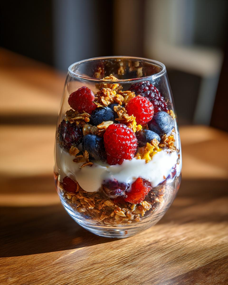 A layered yogurt parfait in a glass with fresh berries and crunchy granola, showcasing breakfast ideas.