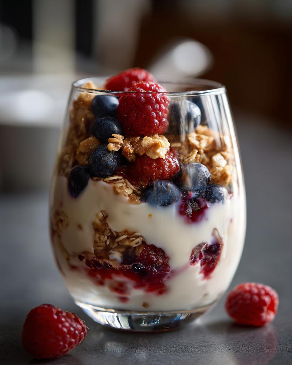 A layered yogurt parfait in a glass with fresh blueberries, raspberries, and crunchy granola, showcasing one of the best breakfast ideas.