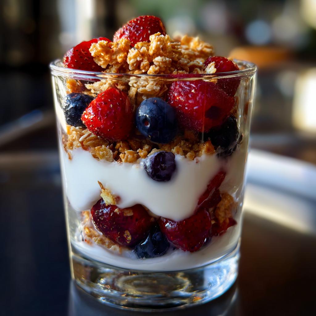 A tall glass filled with layers of yogurt, fresh strawberries, blueberries, raspberries, and crunchy granola, showcasing perfect breakfast ideas.