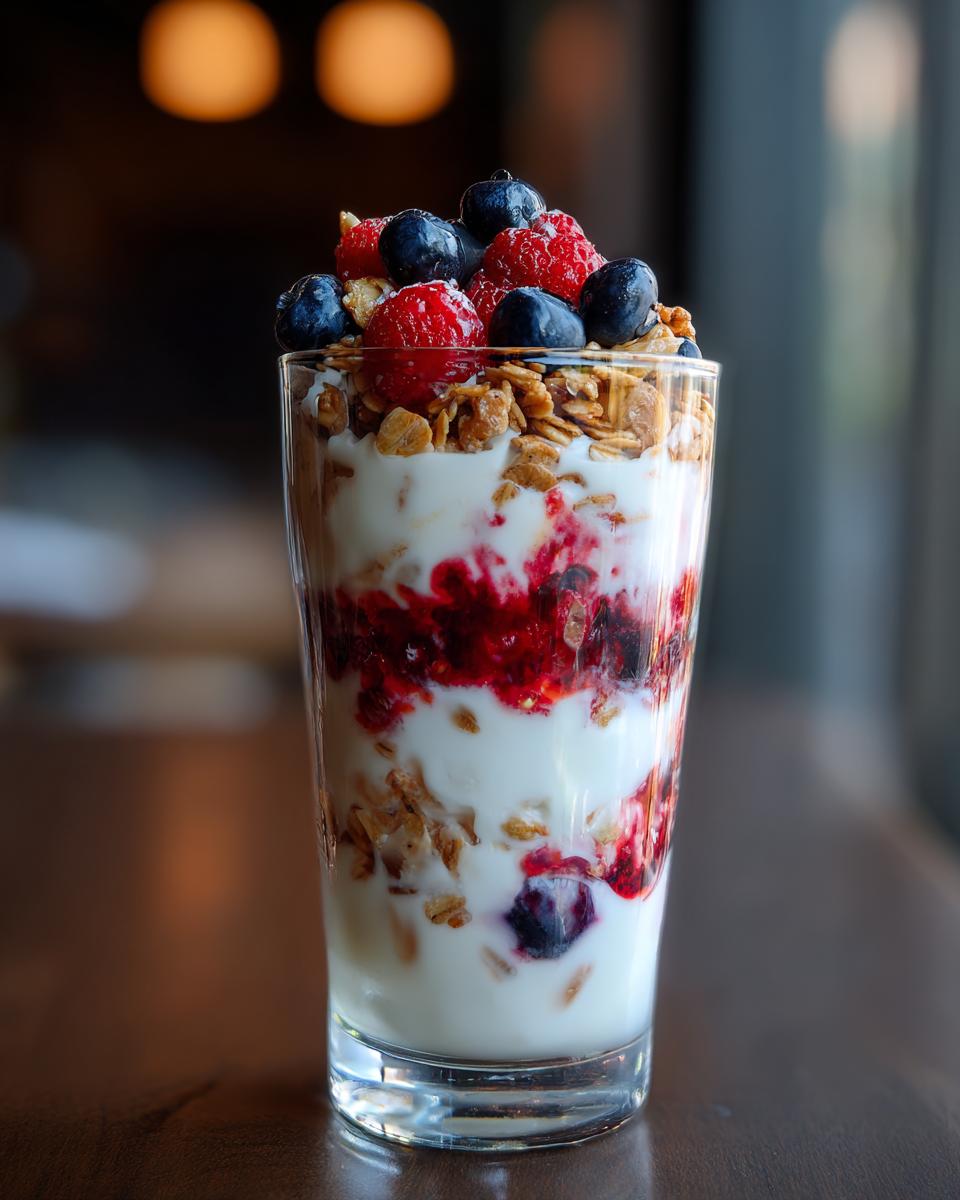 A tall glass filled with layers of yogurt, crunchy granola, and fresh berries, showcasing perfect breakfast ideas.