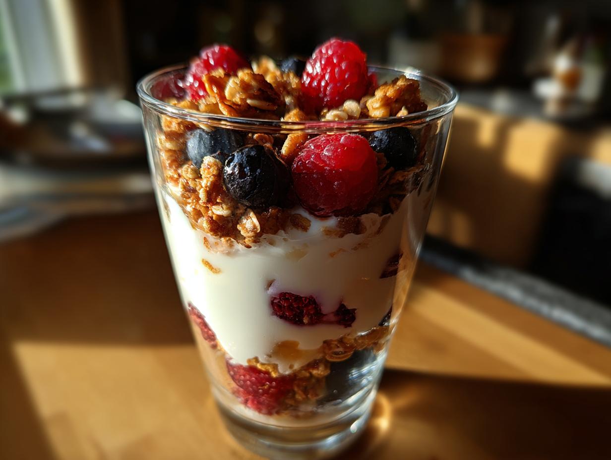 A layered yogurt parfait with fresh berries and crunchy granola in a clear glass, showcasing breakfast ideas that keep yogurt parfaits fresh and crunchy.